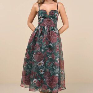 Lulus Cherished Aura Green Floral Organza Bustier Midi Dress With Pockets